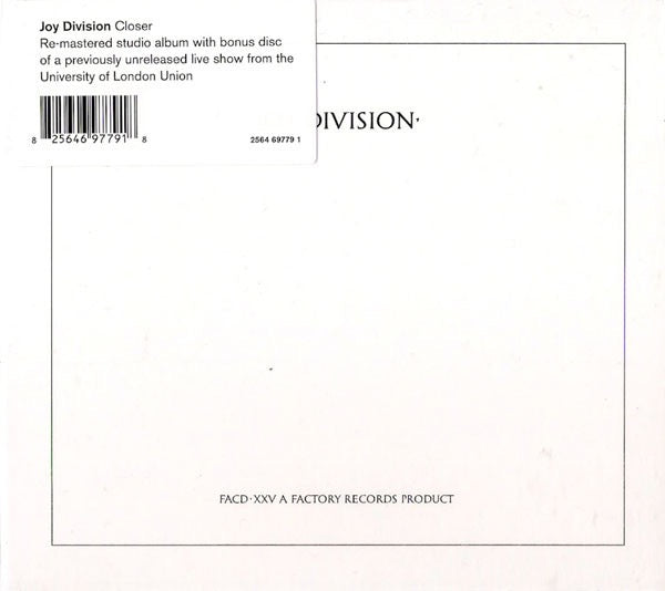 Image of Back Cover of 2xCD - VG/VG - JOY DIVISION, Closer (London; 2564 69779 1, UK 2007 Reissue, Eight Panel Foldout Sleeve In Plastic Slipcase, Booklet, Remastered), Lots of marks on slipcase.,  - 3216283C