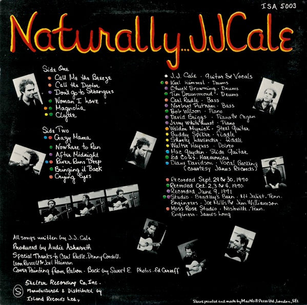 Image of Back Cover of LP - VG/VG - J.J. CALE, Naturally (Shelter Yellow Fade With Curved Logo; ISA 5003, UK 1976 Reissue), Ring wear, light creasing,  - 3026256E