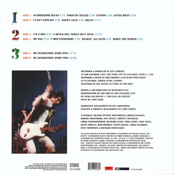 Image of Back Cover of 1414481C: 3xLP - THE WHO, Live At The Fillmore East 1968 (Polydor; 6744480, Europe 2018, Gatefold, 3 Inners, 180 Gram Vinyl.)   VG+/VG+