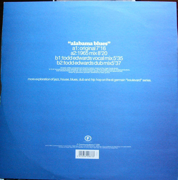 Image of Back Cover of 12" - VG/G+ - ST GERMAIN, Alabama Blues (F Communications; F 030, France 1995, Picture Sleeve), Lots of light marks on either side, causing surface noise and crackle at points.,  - 3946261S