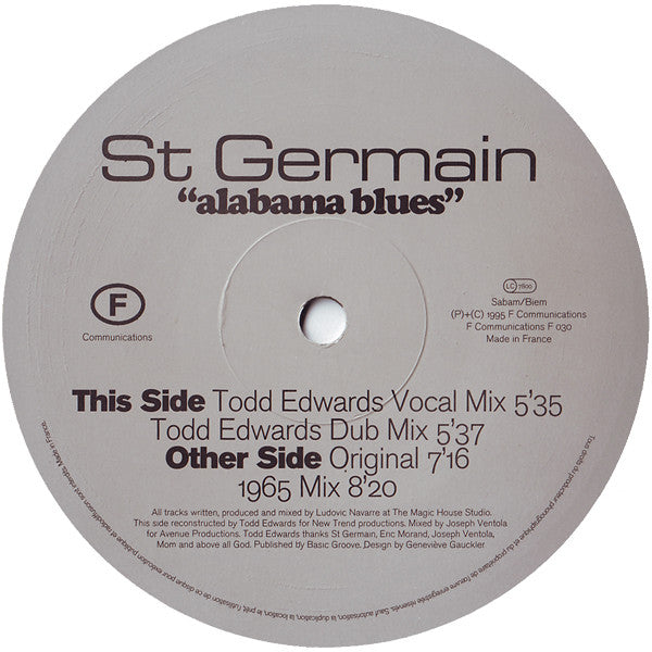 Image of Label Cover of 12" - VG/G+ - ST GERMAIN, Alabama Blues (F Communications; F 030, France 1995, Picture Sleeve), Lots of light marks on either side, causing surface noise and crackle at points.,  - 3946261S