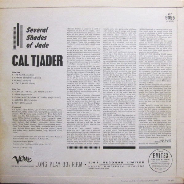 Image of Back Cover of LP - VG/VG - CAL TJADER, Several Shades of Jade (Verve; VLP9055, UK 1963, Laminated Flipback Sleeve), Solid copy. Writing on sleeve reverse.,  - 3216135C