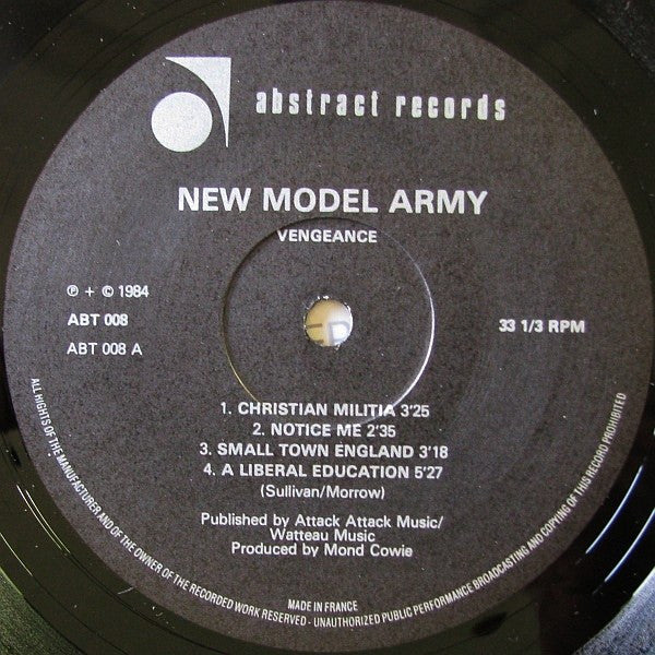Image of Label Cover of LP - VG/VG - NEW MODEL ARMY, Vengeance (Abstract Records; ABT 008, UK 1984, No Inner Version), ,  - 1526133E