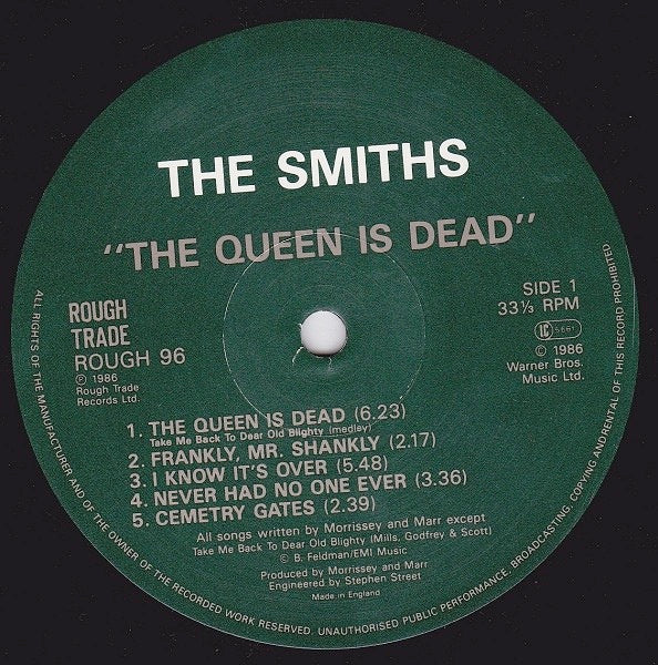 Image of Label Cover of LP - VG/VG - THE SMITHS, The Queen Is Dead (Rough Trade; ROUGH 96, UK 1986, Gatefold, Inner, MPO Pressing A1 / B1), Tiny kink in vinyl on first track of each side - does not affect playback. A few light hairlines. Sleeve has some edgewear, creasing. ,  - 3026009E
