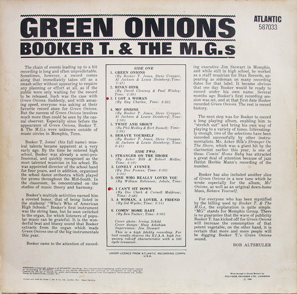 Image of Back Cover of LP - G+/G+ - BOOKER T AND THE MGS, Green Onions (Atlantic Plum & Orange; 587033, UK 1966 Reissue, Mono), Light marks to disc. Split to spine.,  - 2416191C