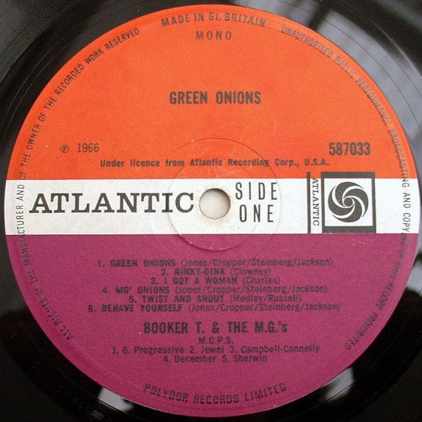 Image of Label Cover of LP - G+/G+ - BOOKER T AND THE MGS, Green Onions (Atlantic Plum & Orange; 587033, UK 1966 Reissue, Mono), Light marks to disc. Split to spine.,  - 2416191C