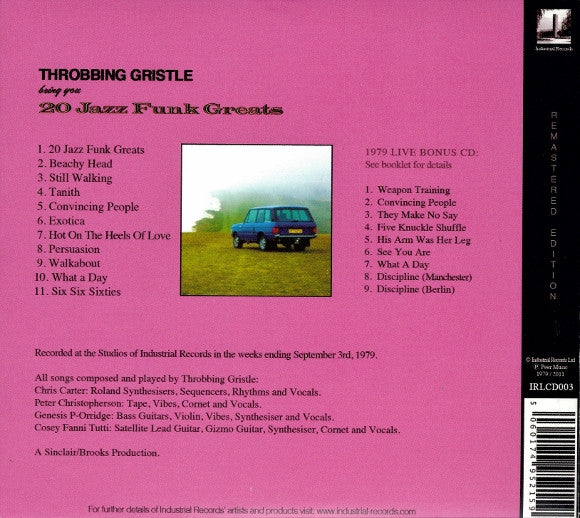 Image of Back Cover of 2xCD - VG+/VG - THROBBING GRISTLE, 20 Jazz Funk Greats (Industrial Records; IRLCD003, UK 2011 Reissue, Gatefold Card Sleeve), Light marks, plays fine.,  - 3216181C