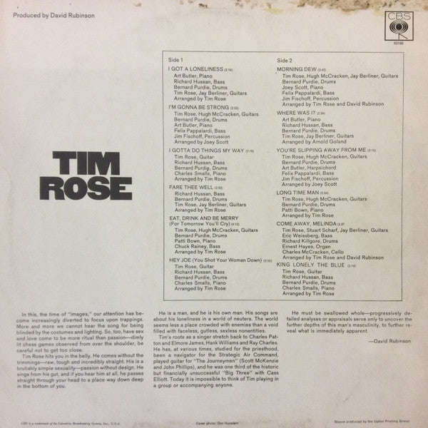 Image of Back Cover of 4044106S: LP - TIM ROSE, Tim Rose (CBS; BPG 63168, UK 1967, Laminated Front Sleeve)   VG/VG