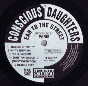 Image of Label Cover of LP - G+/G - CONSCIOUS DAUGHTERS, Ear To The Street (Priority Records; P1 53877, Scarface Records    P1 53877, US 1993), Light marks that don't really affect playing, close to VG with light background noise. Sleeve in opened shrinkwrap.,  - 3246102S