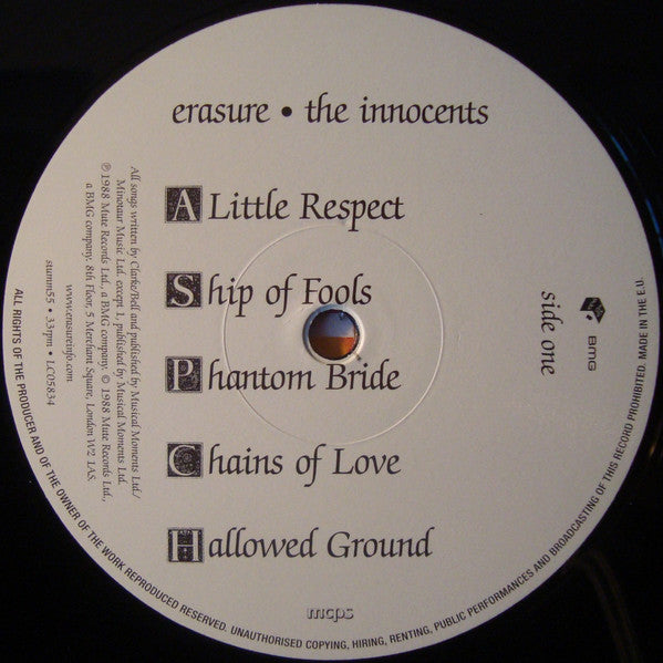 Image of Back Cover of 1814389C: LP - ERASURE, The Innocents (Mute; stumm 55, Europe 2016 Reissue, Inner, 180 Gram Vinyl.)   EX/VG+