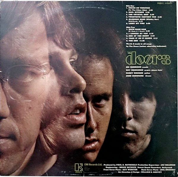 Image of Back Cover of 5144181S: LP - THE DOORS, The Doors (Elektra Butterfly, No w Logo on Rim, Made In UK; K42012, UK 1970s Reissue) Edge and Ring Wear  VG/VG+