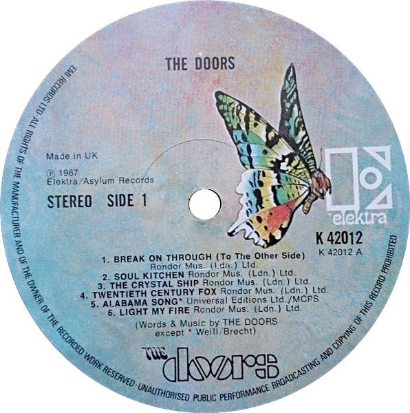 Image of Label Cover of 5144181S: LP - THE DOORS, The Doors (Elektra Butterfly, No w Logo on Rim, Made In UK; K42012, UK 1970s Reissue) Edge and Ring Wear  VG/VG+