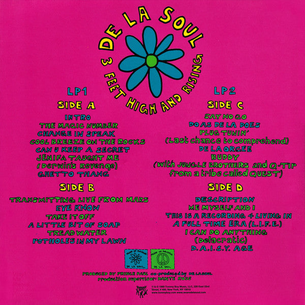 Image of Back Cover of 2xLP - VG/VG+ - DE LA SOUL, 3 Feet High And Rising (Tommy Boy / Vinyl Me Please; TB-5103-1, US 2019 Reissue, 2 Inners, Print, Clear w/ Blue, Orange, and Green Splatter Vinyl, with Obi), Strong VGV sleeve - just top corner crease,  - 4346096S