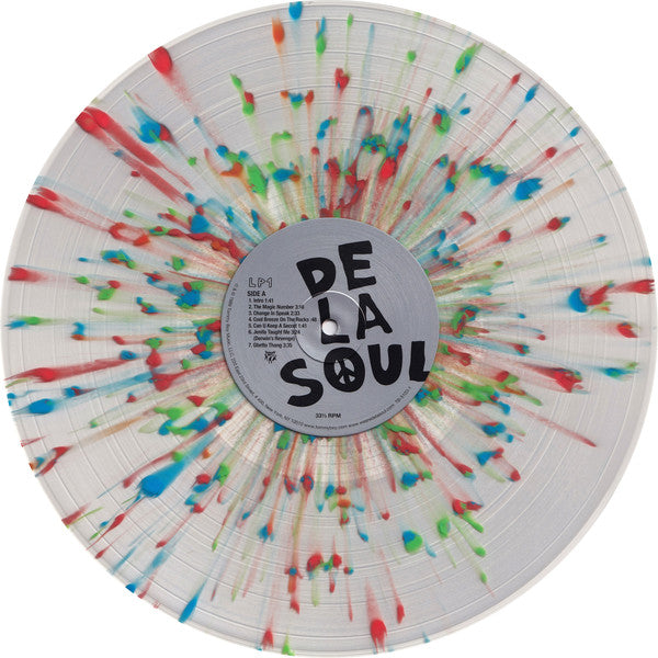 Image of Label Cover of 2xLP - VG/VG+ - DE LA SOUL, 3 Feet High And Rising (Tommy Boy / Vinyl Me Please; TB-5103-1, US 2019 Reissue, 2 Inners, Print, Clear w/ Blue, Orange, and Green Splatter Vinyl, with Obi), Strong VGV sleeve - just top corner crease,  - 4346096S