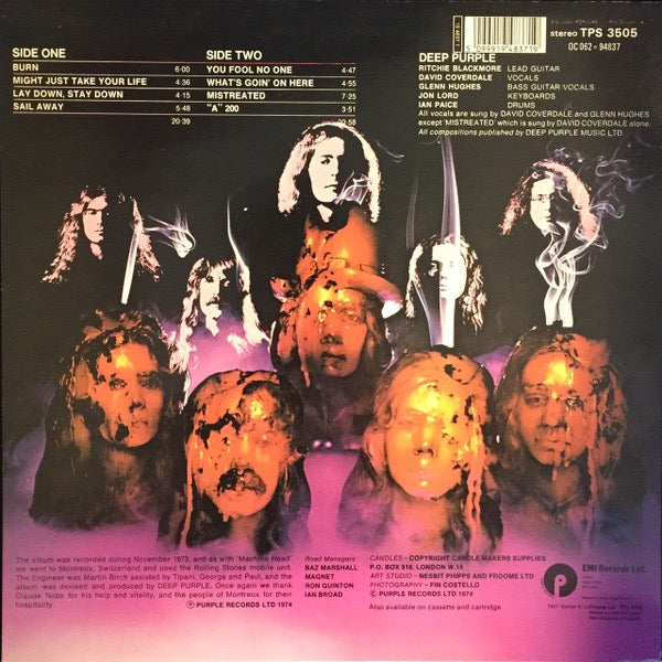 Image of Back Cover of 2814357C: LP - DEEP PURPLE, Burn (Purple Records; TPS 3505, UK 1987 Reissue, Barcode Reissue) Edge and ring wear  VG/VG+