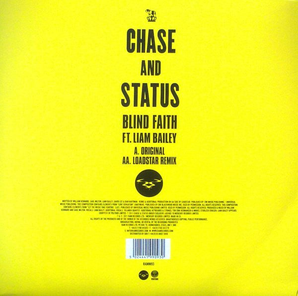 Image of Back Cover of 12" - VG/G+ - CHASE AND STATUS FT. LIAM BAILEY, Blind Faith (RAM Records; RAMM 93, Vertigo    RAMM 93, UK 2011, Picture Sleeve), Lots of light hairlines and marks + some very light fogging at run outs. Sleeve has small sticker mark at top left.,  - 2216109C