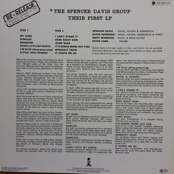 Image of Back Cover of LP - VG/VG+ - THE SPENCER DAVIS GROUP, Their First LP (Island Records Night & Day Labels; 201 658, Germany 1980 Reissue), ,  - 3916463C