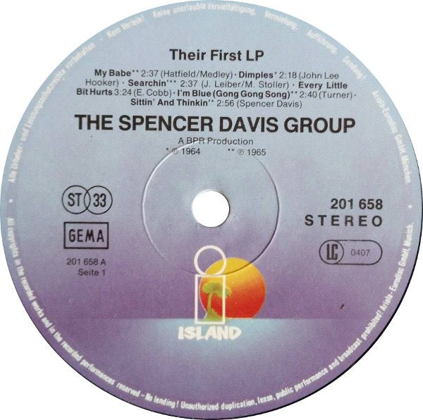 Image of Label Cover of LP - VG/VG+ - THE SPENCER DAVIS GROUP, Their First LP (Island Records Night & Day Labels; 201 658, Germany 1980 Reissue), ,  - 3916463C