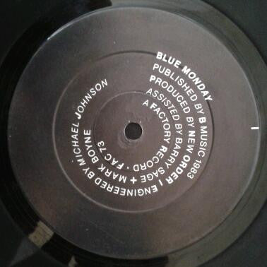 Image of Back Cover of 12" - VG/G+ - NEW ORDER, Blue Monday (Factory; FAC 73, UK 1983, Non-Die-Cut , Black Inner, A1/B1. MT STRAWBERRY Runouts), Light hairlines, edge wear.,  - 2216044C