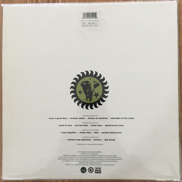 Image of Back Cover of 2xLP - VG/G+ - THE BRAND NEW HEAVIES, Brother Sister (FFRR; 828 490 1, UK 1994, Inners), Records warped but play through. Lighter marks mainly. Sleeve has wear and bumps and corners, creases, tiny rip at opening,  - 2416465C