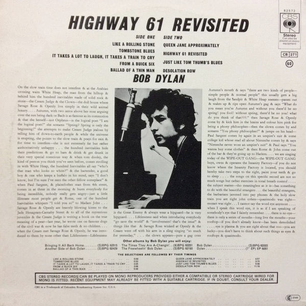 Image of Back Cover of LP - VG/VG+ - BOB DYLAN, Highway 61 Revisited (CBS Orange/Yellow, Made In England at Bottom of Label; 62572, UK 1970s Reissue, Stereo), Some light moisture marks along left side of cover.,  - 3646065S