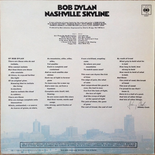 Image of Back Cover of LP - VG/VG - BOB DYLAN, Nashville Skyline (CBS Orange (33 1/3 On Label); 63601, UK 1973 Reissue, Non-Laminated Sleeve), Strong VG - a fwq hairlines, edge wear,  - 4346310S