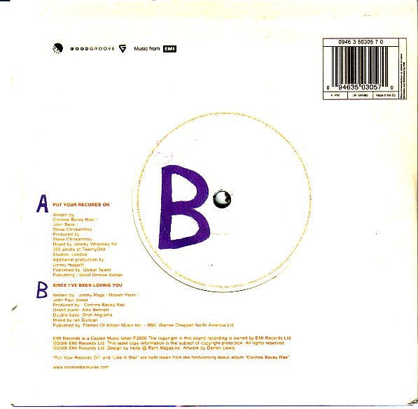 Image of Back Cover of 7" - VG/VG+ - CORINNE BAILEY RAE, Put Your Records On (EMI; EM 683, UK 2006, Die Cut Picture Sleeve, b/w Cover Of Led Zep's "Since I've Been Loving You"), ,  - 2316053C