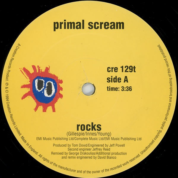 Image of Label Cover of 12" - VG/G - PRIMAL SCREAM, Rocks / Funky Jam (Creation Records; cre 129t, UK 1994, Stickered Picture Sleeve), Light marks only,  - 3416093C