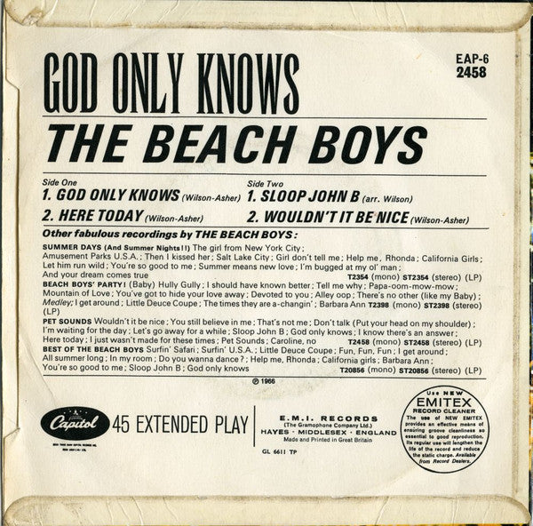 Image of Back Cover of 7" EP - VG/VG - BEACH BOYS, God Only Knows/ Here Today/ sloop John B/ Wouldn't It Be Nice (Capitol; EAP6 2458, UK 1966, Laminated Flipback Sleeve, Mono), Damage To Sleeve Opening,  - 3326153E