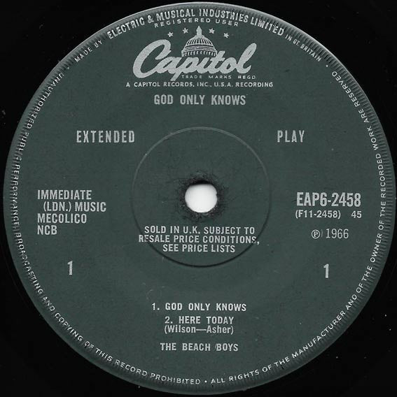 Image of Label Cover of 7" EP - VG/VG - BEACH BOYS, God Only Knows/ Here Today/ sloop John B/ Wouldn't It Be Nice (Capitol; EAP6 2458, UK 1966, Laminated Flipback Sleeve, Mono), Damage To Sleeve Opening,  - 3326153E