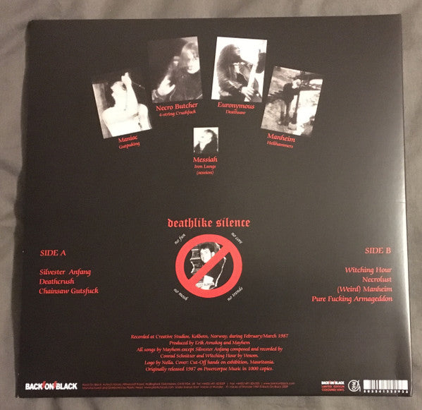 Image of Back Cover of 2954057S: LP - MAYHEM, Deathcrush (Back On Black; BOBV049LP, UK 2009 Reissue, Gatefold, Black Vinyl)   NEW/NEW