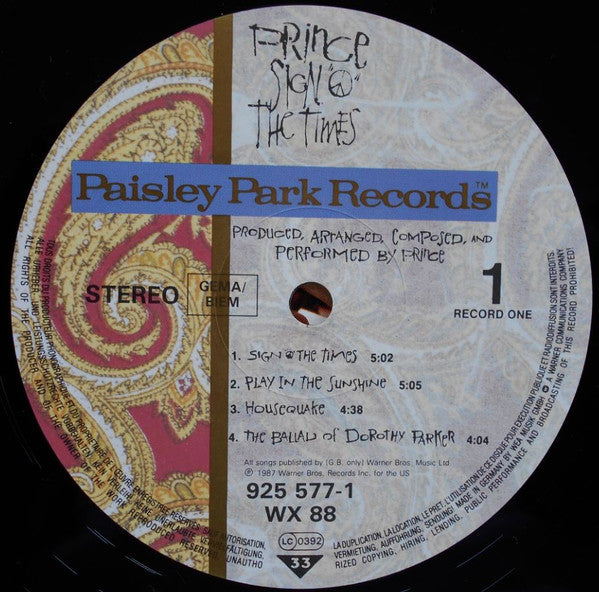 Image of Label Cover of 2xLP - VG/EX - PRINCE, Sign "O" The Times (Paisley Park; WX 88, Europe 1987, 2 Inners, No Barcode, "Carol Davis" on label and inner), Light creasing around edges of sleeve.,  - 2426089E