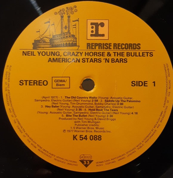 Image of Label Cover of LP - VG+/VG+ - NEIL YOUNG, American Stars 'N Bars (Reprise Records; K 54 088, Europe 1980s Reissue, Insert), ,  - 2616042C