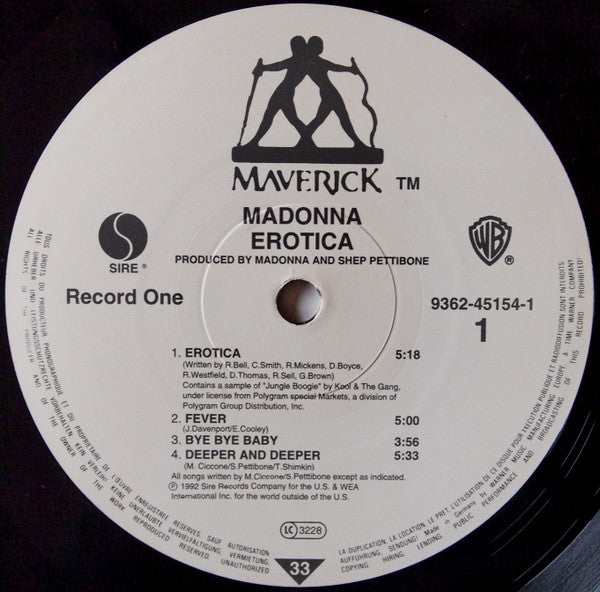 Image of Label Cover of 2xLP - VG/VG+ - MADONNA, Erotica (Maverick; 9362-45154-1, Germany 1992, Hype Stickered Gatefold Sleeve, 2 Inners, 13 Track "Clean" Version), Promo sticker on rear, edge wear.,  - 2516184C