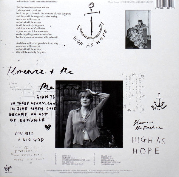 Image of Back Cover of LP - VG+/VG - FLORENCE AND THE MACHINE, High As Hope (Virgin EMI Records; V3204, Europe 2018, Inner & Booket), Light marks, still in opened stickered shrinkwrap,  - 3746078S