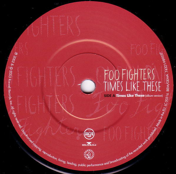 Image of Label Cover of 7" - VG/VG - FOO FIGHTERS, Times Like These (Roswell Records; 74321-989557, UK 2003, Picture Sleeve, Numbered, Limited Edition), No. 1248.,  - 1516548C