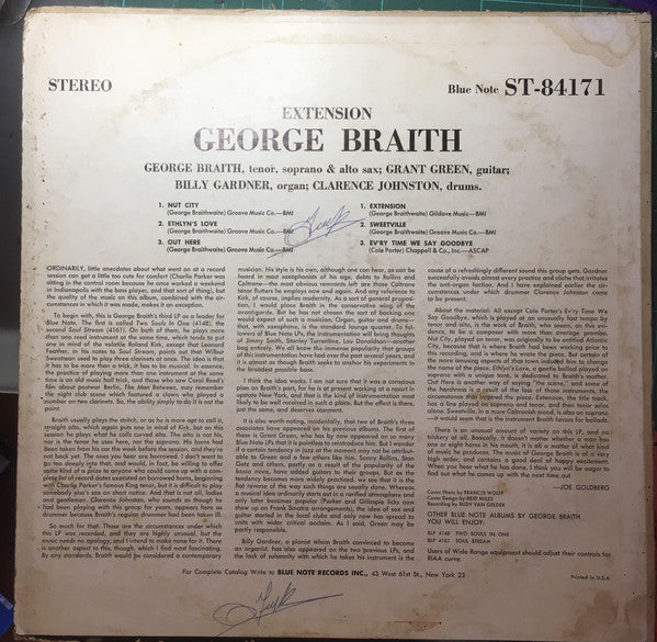 Image of Back Cover of LP - G+/VG - GEORGE BRAITH, Extension (Blue Note (New York, USA); BST 84171, US 1967, Stereo), Light marks on the vinyl. Sleeve has ringwear, edgewear, writing on rear. Tape around edges.,  - 3126198E
