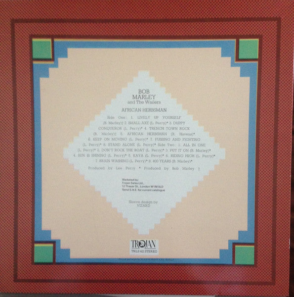 Image of Back Cover of LP - VG/G+ - BOB MARLEY AND THE WAILERS, African Herbsman (Trojan Records; TRLS 62, UK 1980s Reissue), Conservative grading. Light mottling and hairlines, plays above grade. Light wear on sleeve.,  - 2916252C