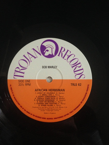 Image of Label Cover of LP - VG/G+ - BOB MARLEY AND THE WAILERS, African Herbsman (Trojan Records; TRLS 62, UK 1980s Reissue), Conservative grading. Light mottling and hairlines, plays above grade. Light wear on sleeve.,  - 2916252C