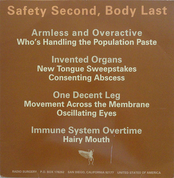Image of Back Cover of 12" EP - VG/VG+ - THE LOCUST, Safety Second, Body Last (Radio Surgery; #1, US 2005, Inner, Grey Marbled Vinyl), Strong VG sleeve, creasing, indents and corner wear. Large crease to inner.,  - 0746405S