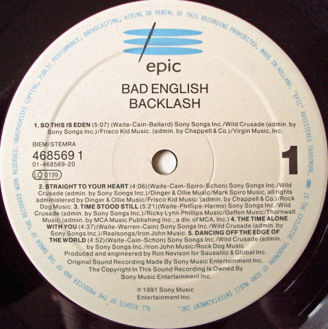 Image of Label Cover of 3925054E: LP - BAD ENGLISH, Backlash (Epic; 468569 1, Europe 1991)   VG/VG+