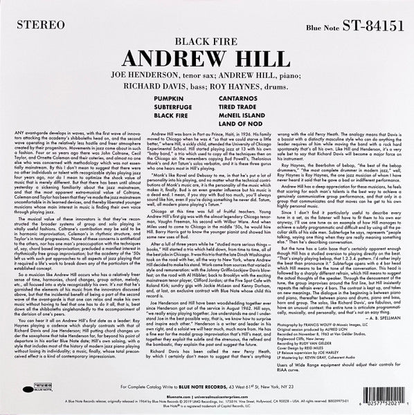 Image of Back Cover of 0245193S: LP - ANDREW HILL, Black Fire (Blue Note; B0029975-01, US 2019 Reissue, Glossy Gatefold Sleeve)   VG+/VG+