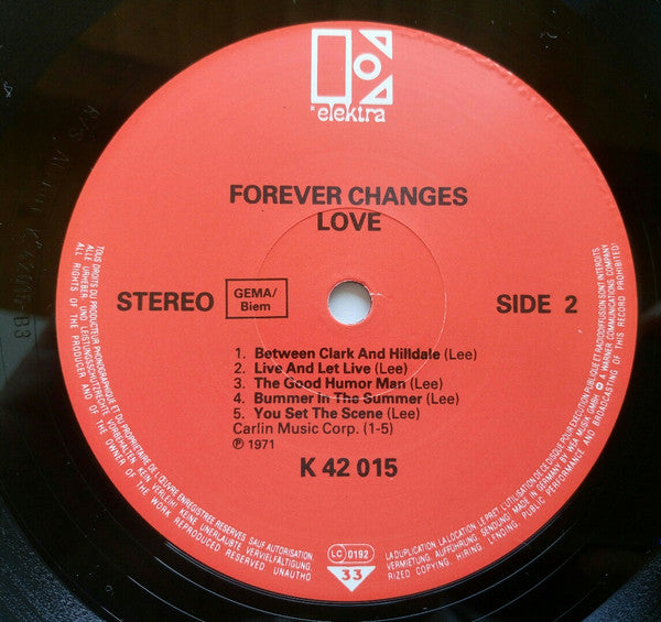 Image of Label Cover of LP - VG+/VG - LOVE, Forever Changes (Elektra Red GEMA / Biem Box; K42015, Germany 1980s Reissue, Arthur Lee Photo on Rear Sleeve, Barcode), ,  - 1526195E