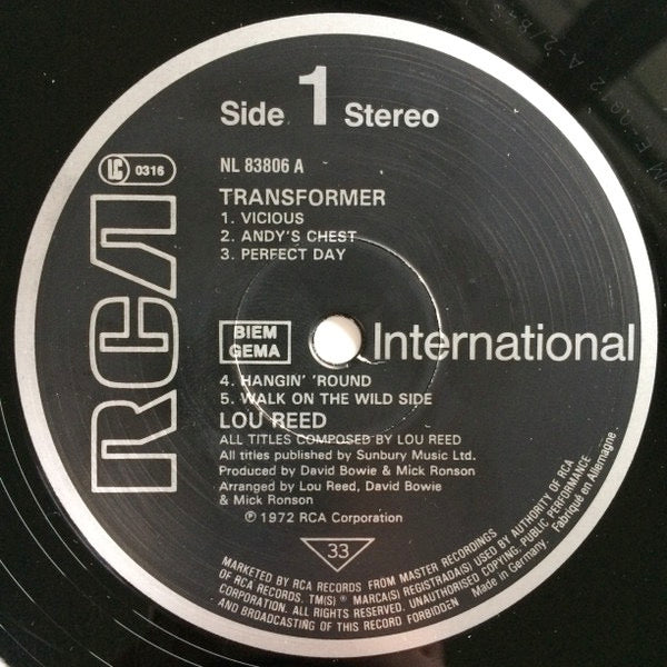 Image of Label Cover of LP - VG+/VG - LOU REED, Transformer (RCA International Black/Silver BIEM/GEMA Rights Box; NL 83806, UK 1984 Reissue, Barcoded Sleeve), Light marks, light edge wear.,  - 2516268C