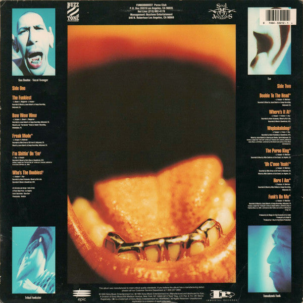 Image of Back Cover of LP - G+/VG - FUNKDOOBIEST, Which Doobie U B? (Epic; E 53212, Immortal Records (3)    E 53212, US 1993, Picture Sleeve, Clear Vinyl), Record has some lighter marks and scuffs, one or two deeper ones. Sleeve worn and creased at corners and edges, Funkdoobiest's debut album, Which Doobie U B?, sounds a lot like their mentors in Cypress Hill -- a lot.Muggs is in his absolute prime as a producer here, and Son Doobie's rhymes are fittingly surreal and stoner-friendly, albeit more cartoonish