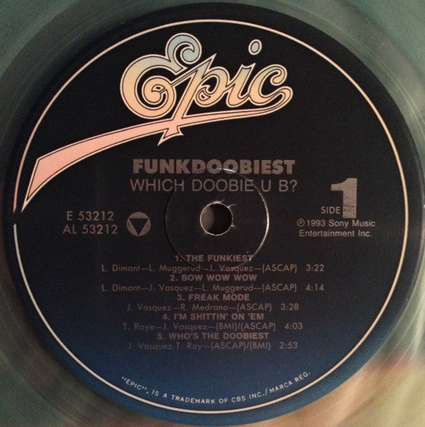Image of Label Cover of LP - G+/VG - FUNKDOOBIEST, Which Doobie U B? (Epic; E 53212, Immortal Records (3)    E 53212, US 1993, Picture Sleeve, Clear Vinyl), Record has some lighter marks and scuffs, one or two deeper ones. Sleeve worn and creased at corners and edges, Funkdoobiest's debut album, Which Doobie U B?, sounds a lot like their mentors in Cypress Hill -- a lot.Muggs is in his absolute prime as a producer here, and Son Doobie's rhymes are fittingly surreal and stoner-friendly, albeit more cartoonis