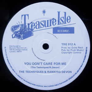 Image of Front Cover of 12" - VG/VG+ - THE TECHNIQUES / RANKING DEVON, You Don't Care For Me / I'm In The Mood (Treasure Isle; TRE 012, UK 1980s, Reggae Disco 45 Sleeve), ,  - 1126281E