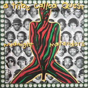 Image of Front Cover of LP - NEW/NEW - A TRIBE CALLED QUEST, Midnight Marauders (Jive; 01241414901, Europe 2019 Reissue), , Third and last of the "classic" Tribe records it is arguably the group's most musically sophisticated album. The tracks balance jazz, soul, and even reggae influences with pure hip-hop to arrive at a completely distinctive Tribe sound, the logical evolution of the bop-inflected hooks which characterised Low End Theory. Production-wise, Tribe graduates from a cool school aesthetic to an
