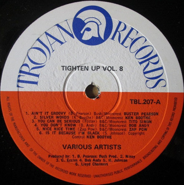 Image of Label Cover of LP - G+/G+ - VARIOUS ARTISTS, Tighten Up Volume 8 (Trojan Records; TBL 207, UK 1973), Many light surface marks, plays G+. Small writing on sleeve, and glass tape at the bottom of sleeve.,  - 2746277S