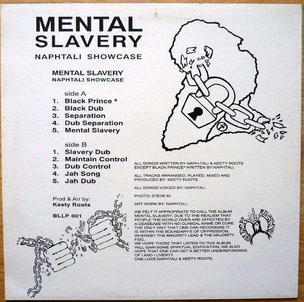 Image of Back Cover of LP - VG/VG - NAPHTALI, Mental Slavery (Black Legacy; BLLP 001, UK 1991), Light crackle in places, plays great above grade. Light wear on sleeve, SWOC on back.,  - 3026201E